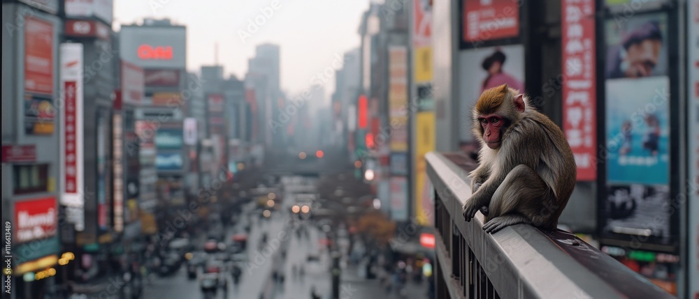 Obraz premium Overlooking a crowded city street, a curious monkey perches on a railing, contrasting nature with bustling urban life.