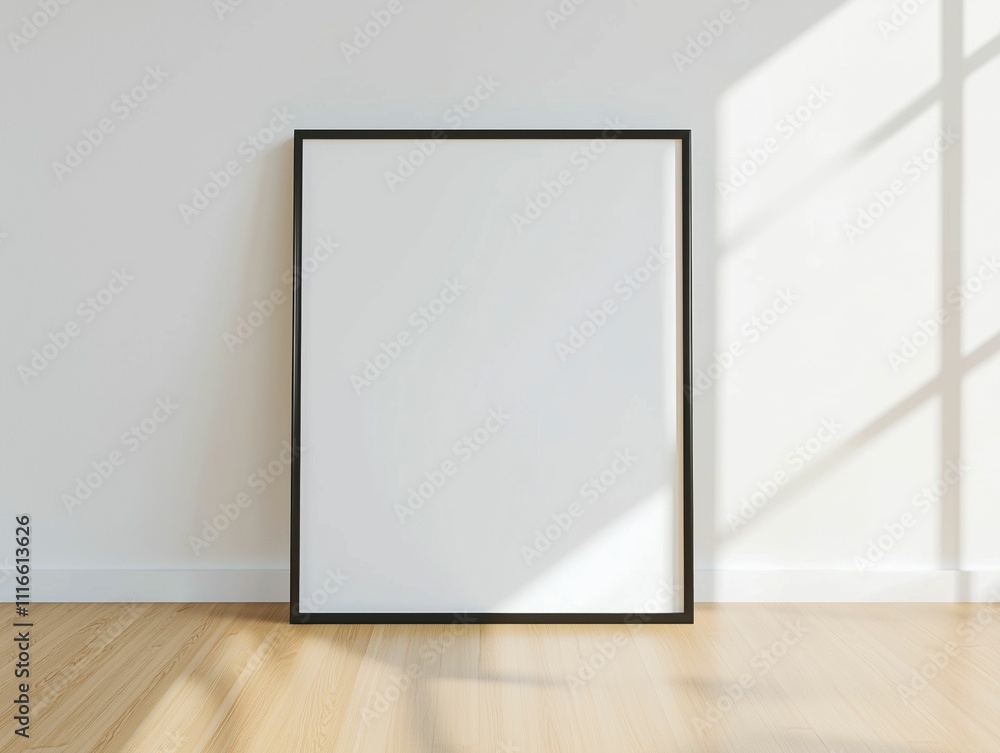 One frame on floor mockup blank poster, wooden frame mock up empty print background One frame on floor mockup blank poster, wooden frame mock up empty print background