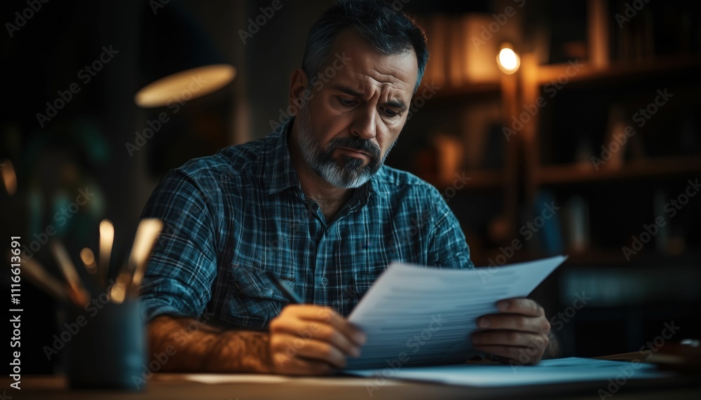 Fototapeta premium Frustrated man filling out complex tax form at desk, showing confusion and stress