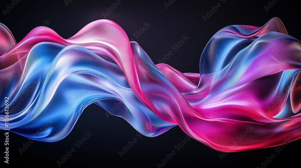 Fototapeta premium Vibrant glass waves sculpture, blue and pink flowing forms, sleek design against dark backdrop, dynamic colors
