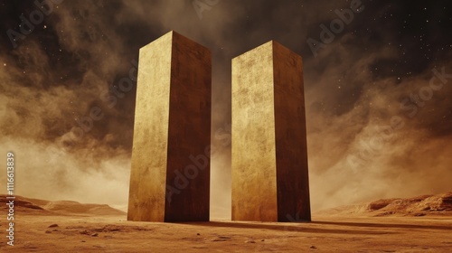 Twin monoliths stand tall on a barren, otherworldly landscape under a starry sky, AI photo