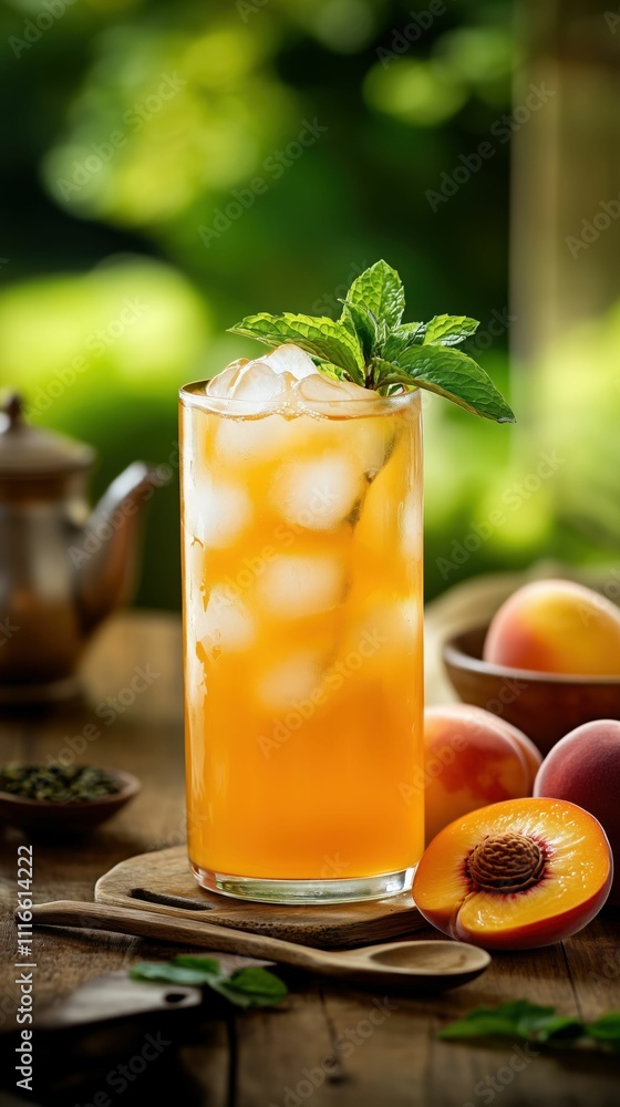 Fototapeta premium Close-up of a refreshing glass of peach iced tea with ice cubes, condensation, and peach slices on a rustic wooden table