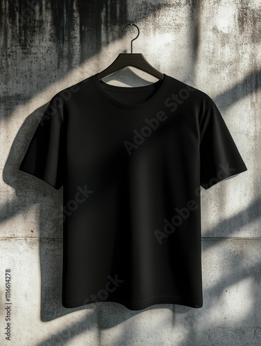 Blank cotton t-shirt mockup on wooden hanger, for apparel design presentation