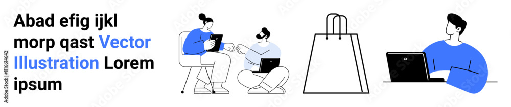 Two people collaborating on laptops, shopping bag, and individual working remotely. Ideal for teamwork, e-commerce, remote work, digital communication, online learning, technology modern lifestyle Two people collaborating on laptops, shopping bag, and individual working remotely. Ideal for teamwork, e-commerce, remote work, digital communication, online learning, technology modern lifestyle