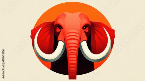 Stylized illustration of a red elephant with prominent tusks against an orange circle, AI photo