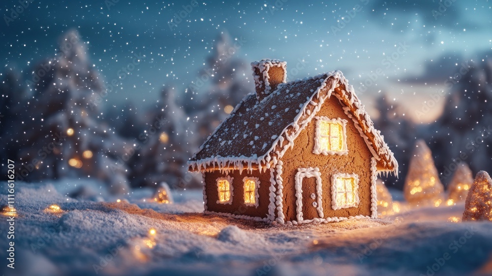 Fototapeta premium Illuminated gingerbread house in snowy winter scene.