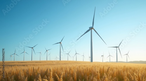 field filled with wind turbines against a clear blue sky, showcasing renewable energy and the beauty of sustainable technology in a natural landscape photo