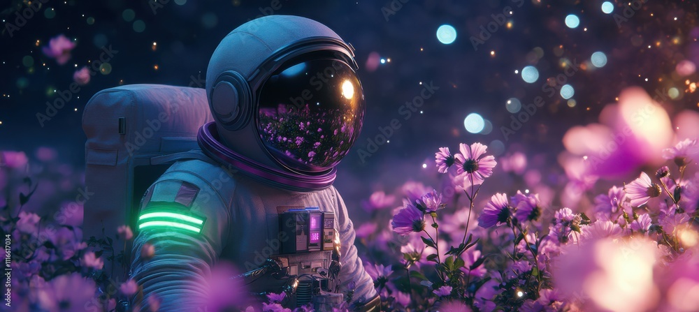 Fototapeta premium Astronaut Among Neon Flowers in Space