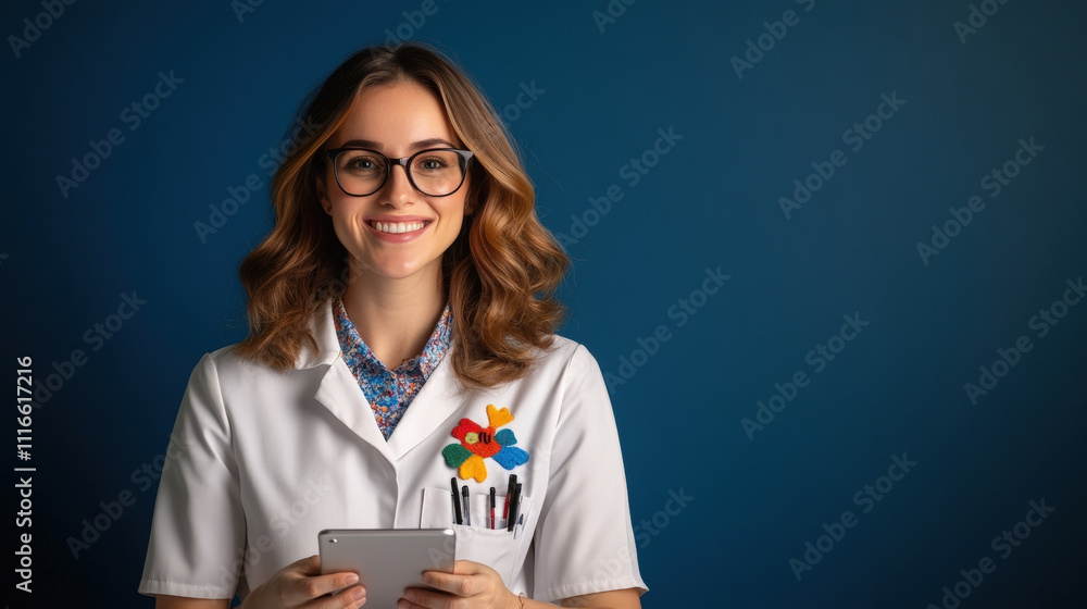 cheerful female doctor wearing glasses and white coat, holding tablet against blue background cheerful female doctor wearing glasses and white coat, holding tablet against blue background