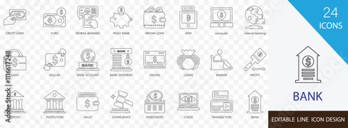 Bank thin line icon set.  containing BANKER, INSTITUTION,  BANK SATEMENT, savings, vault, cash, ATM and more line icons