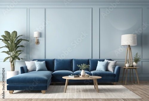 3D Rendering of a Modern Living Room Interior with Blue Sofa and Minimalist Decor.
 photo