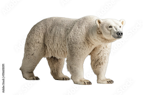 polar bear, realistic, high detail, standing, white fur, isolated background, wildlife, Arctic animal, side profile, soft lighting
