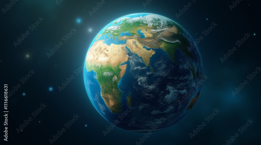 Obraz premium Earth from space, showing vibrant green continents and blue oceans illuminated by sunlight, symbolizing environmental care and global unity