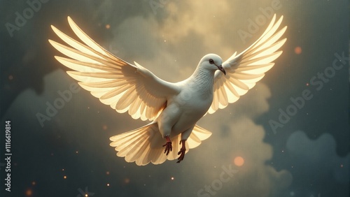 Majestic white dove soaring through clouds in a radiant sky during golden hour photo