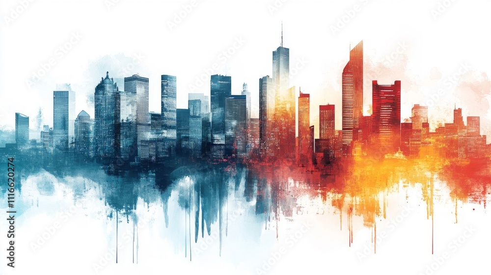 Obraz premium Watercolor Skyline of a Modern City with Tall Buildings
