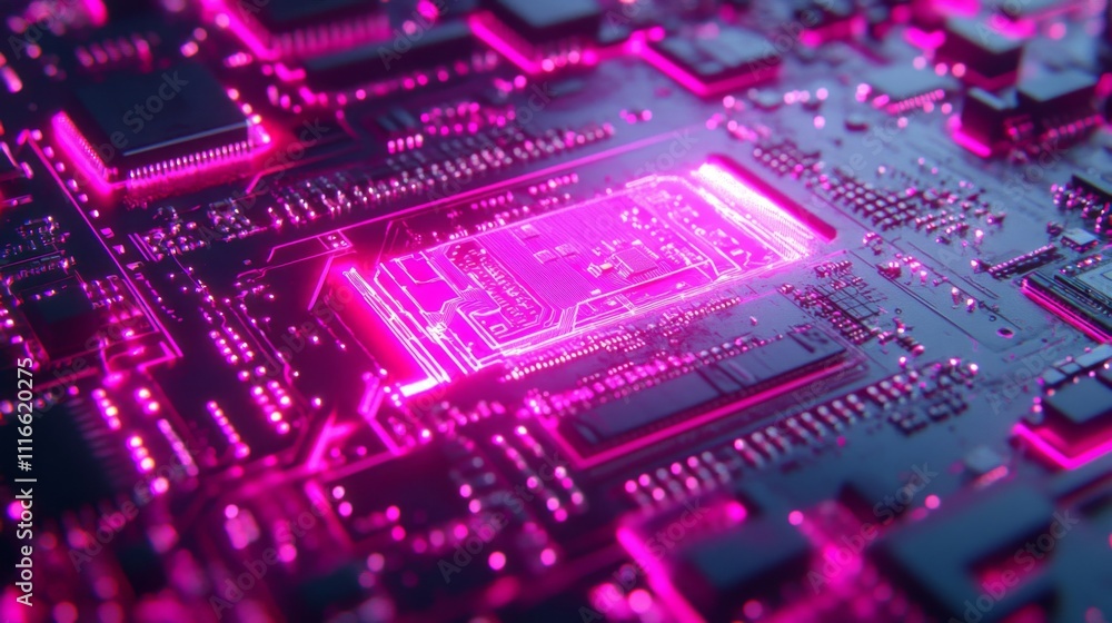 Obraz premium A Glowing Pink Circuit Board with a Central Processor