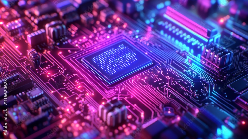 Fototapeta premium Close-up of a glowing circuit board with a central processor chip