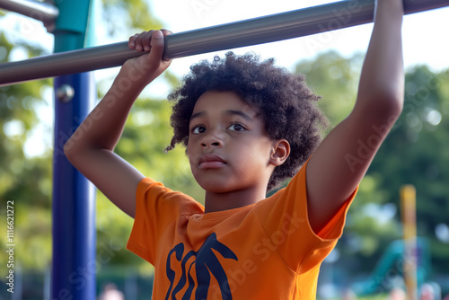 Young boy hanging from monkey bars, bright playground behind him. photo