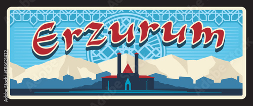 Vintage postcard for Erzurum Turkish il. Vector retro banner with intricate oriental ornament, mountains and a historic building. Plaque or plate emphasizing rich culture and architecture of Turkey