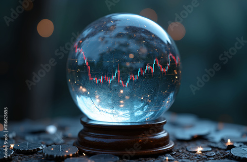 A close-up of a crystal ball with stock market charts visible inside, symbolizing the uncertainty and speculation of investing