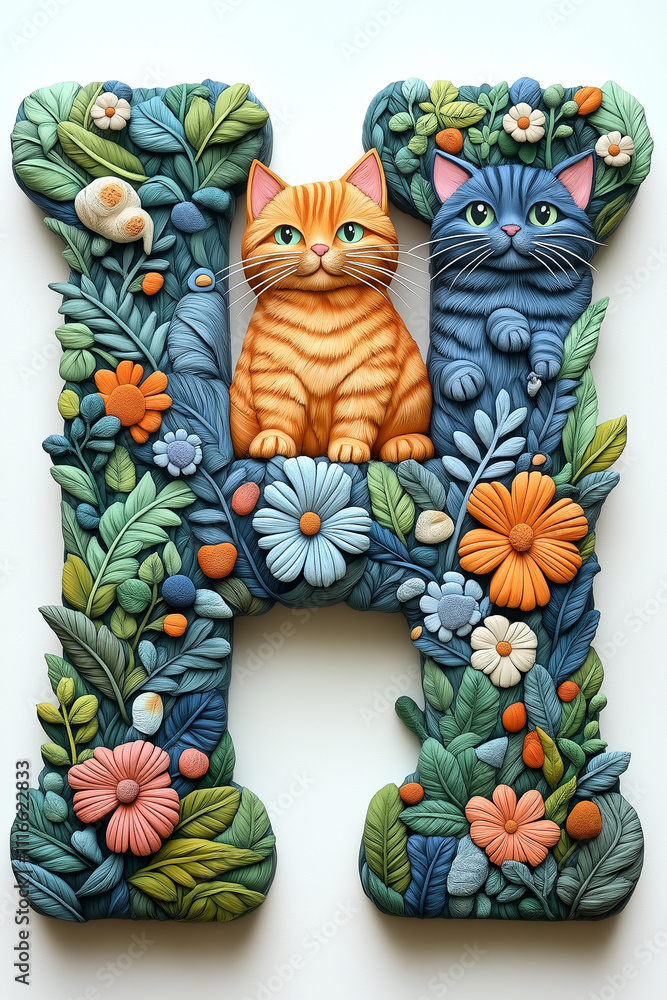 Lettres de l'alphabet H sur le thème des chats, colorées, décorées de chatons mignons, fleurs, feuilles, design ludique et fun, idéal pour l'éducation, projets graphiques ou décoratifs Lettres de l'alphabet H sur le thème des chats, colorées, décorées de chatons mignons, fleurs, feuilles, design ludique et fun, idéal pour l'éducation, projets graphiques ou décoratifs