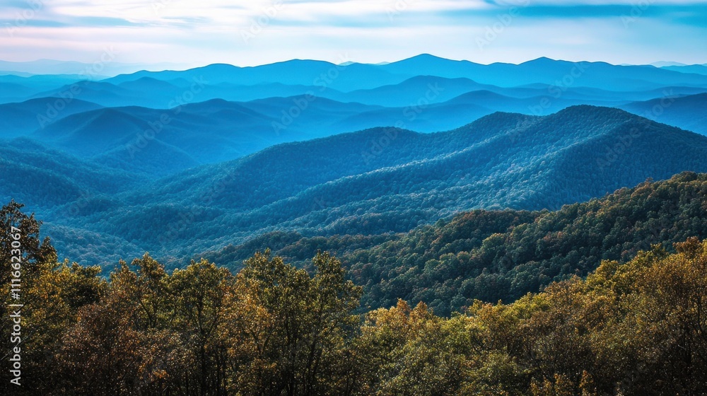 Panoramic view of layered blue mountains under a partly cloudy sky, autumn foliage in the foreground. Panoramic view of layered blue mountains under a partly cloudy sky, autumn foliage in the foreground.