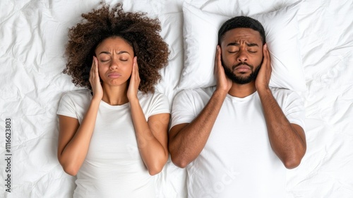 A frustrated couple lies in bed, each covering ears with hands, embodying the comedic struggle of seeking silence and rest amid life's little annoyances. photo