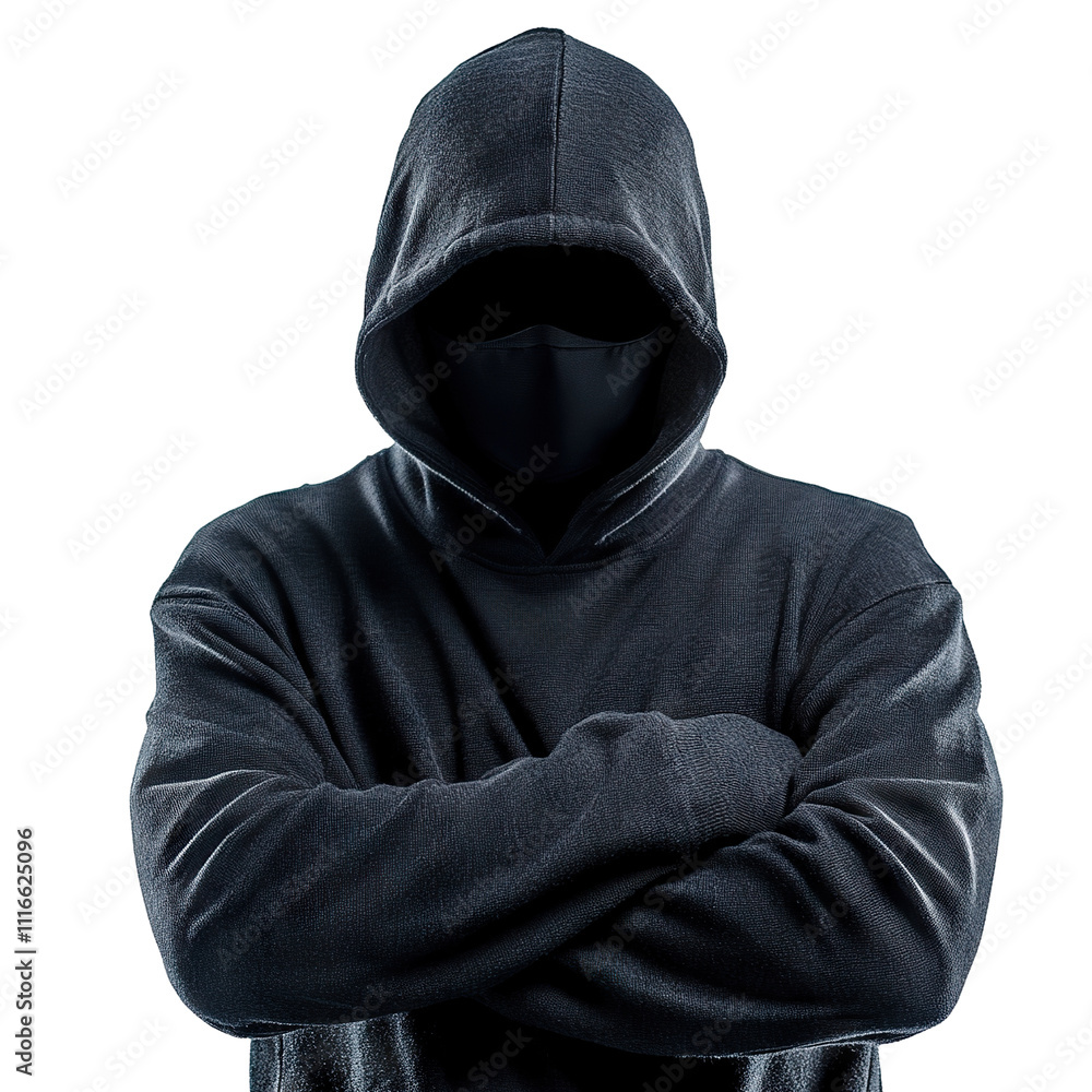 Dark hooded character with hidden face, isolated on transparent cutout background Dark hooded character with hidden face, isolated on transparent cutout background