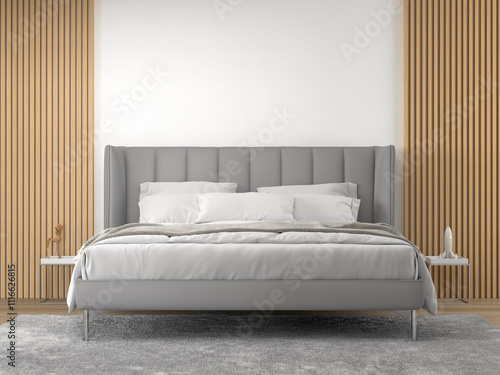 interior of white bedroom with bed 3D rendering