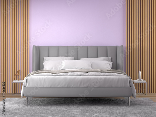 interior of lavender bedroom with bed 3D rendering