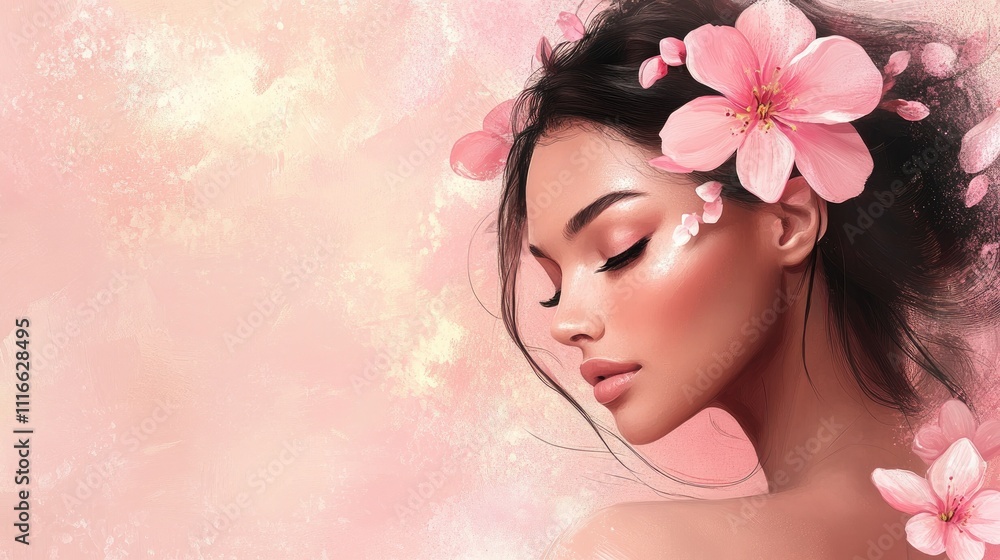 Fototapeta premium Serene woman with pink cherry blossoms in her hair, soft pink background.