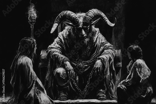 black and white charcoal sketch, ghastly demonic being with a goat head sitting on a throne with two figures man and woman kneeling before him chained to his throne