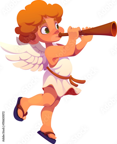 Valentine day cherub playing a trumpet, cute angel dressed in white tunic with wings and curly hair spreading love, joy, innocence and romantic feelings. Isolated vector playful cupid child personage
