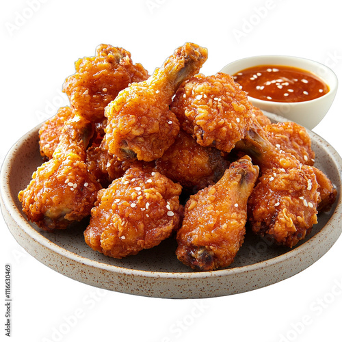 crispy fried chicken drumsticks, golden brown, sesame seeds, spicy dipping sauce, white background, high contrast, close-up, appetizing presentation, food photography, studio lighting 