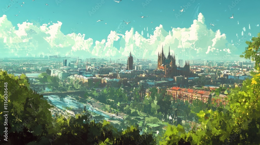 Fototapeta premium Panoramic view of a city with a cathedral, river, and lush greenery under a bright summer sky.