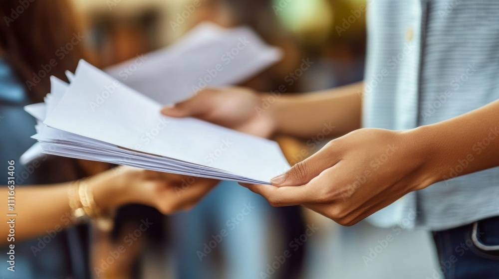 Obraz premium Close-up of Hands Holding Papers in a Casual Setting