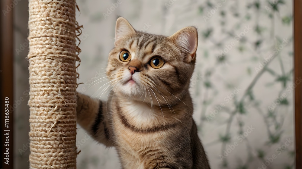 Fototapeta premium A playful Scottish Fold cat with folded ears happily climbs and scratches a tall scratching post in a cozy indoor setting, surrounded by soft cushions and warm lighting.