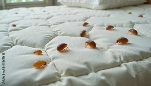 Bed bugs on a white mattress in a close-up shot demonstrating infestation issues photo