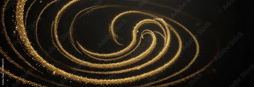 Gold glitter spiral trail on black background, festive, sparkling Gold glitter spiral trail on black background, festive, sparkling