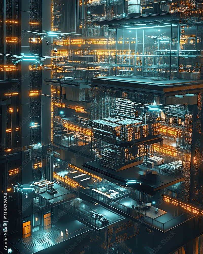 Smart-Driven Industrial Growth, multilevel smart warehouse with automated drones sorting products, glowing data streams indicating stock management, sci-fi inspired lighting Smart-Driven Industrial Growth, multilevel smart warehouse with automated drones sorting products, glowing data streams indicating stock management, sci-fi inspired lighting