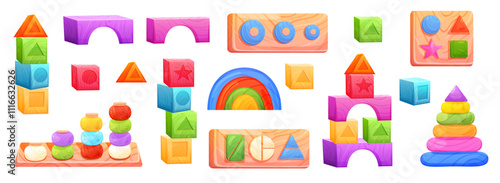 Set of Montessori wooden toys for baby early development. Vector illustration