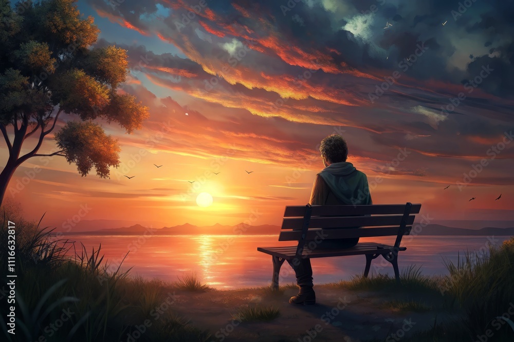 Obraz premium Evening tranquility: a young person reflecting by the serene waters at sunset