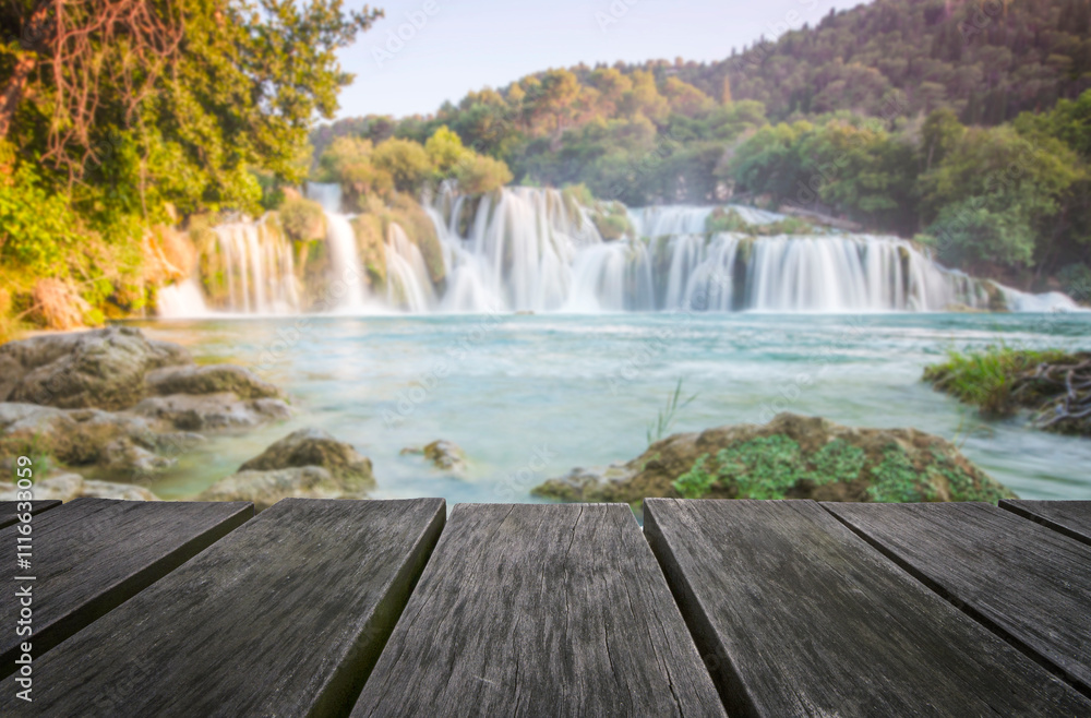 Fototapeta premium Empty wooden table with beautiful landscape background
