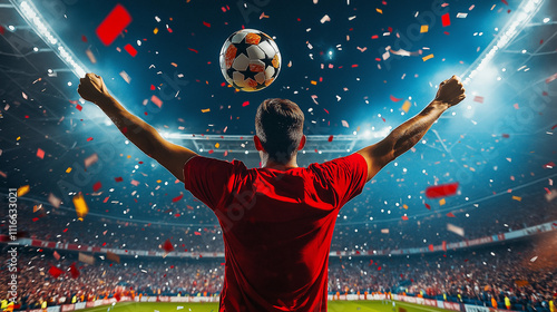 Back view of a soccer player celebrating a goal in a packed stadium with confetti and floodlights