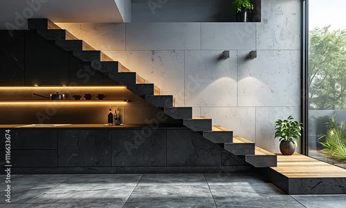 Modern kitchen with staircase and under-stair storage.