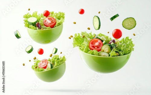 Flying bowls of fresh salad with lettuce, tomatoes, cucumbers, and olives, vibrant and healthy, isolated on white background