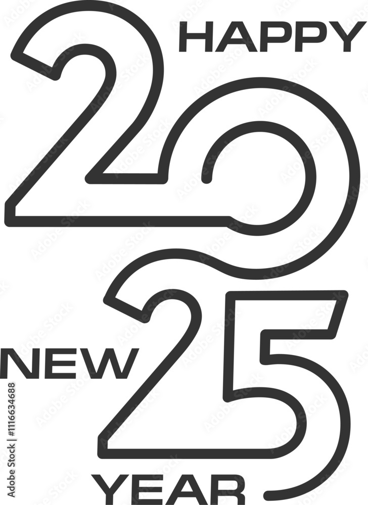2025 Calendar number. Vector modern black and white happy new year text creatively arranged within the bold, outlined 2025 numbers. Sleek, contemporary new year greetings, linear festive typography
