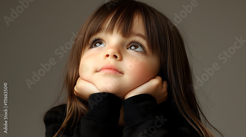 Dreamy young girl with hands under chin, thoughtful and serene portrait. Parenting, childhood inspiration, lifestyle campaigns