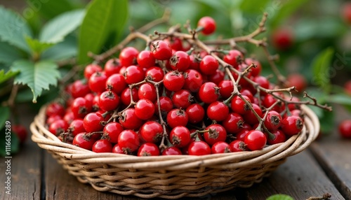Basket filled with red berries placed on rustic wooden surface surrounded by green leaves