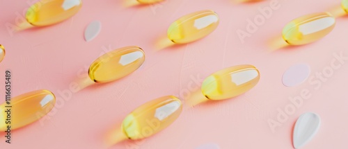 Soft gel capsules glisten on a pastel pink surface, arranged in neat rows, creating a visually soothing yet dynamic composition. photo